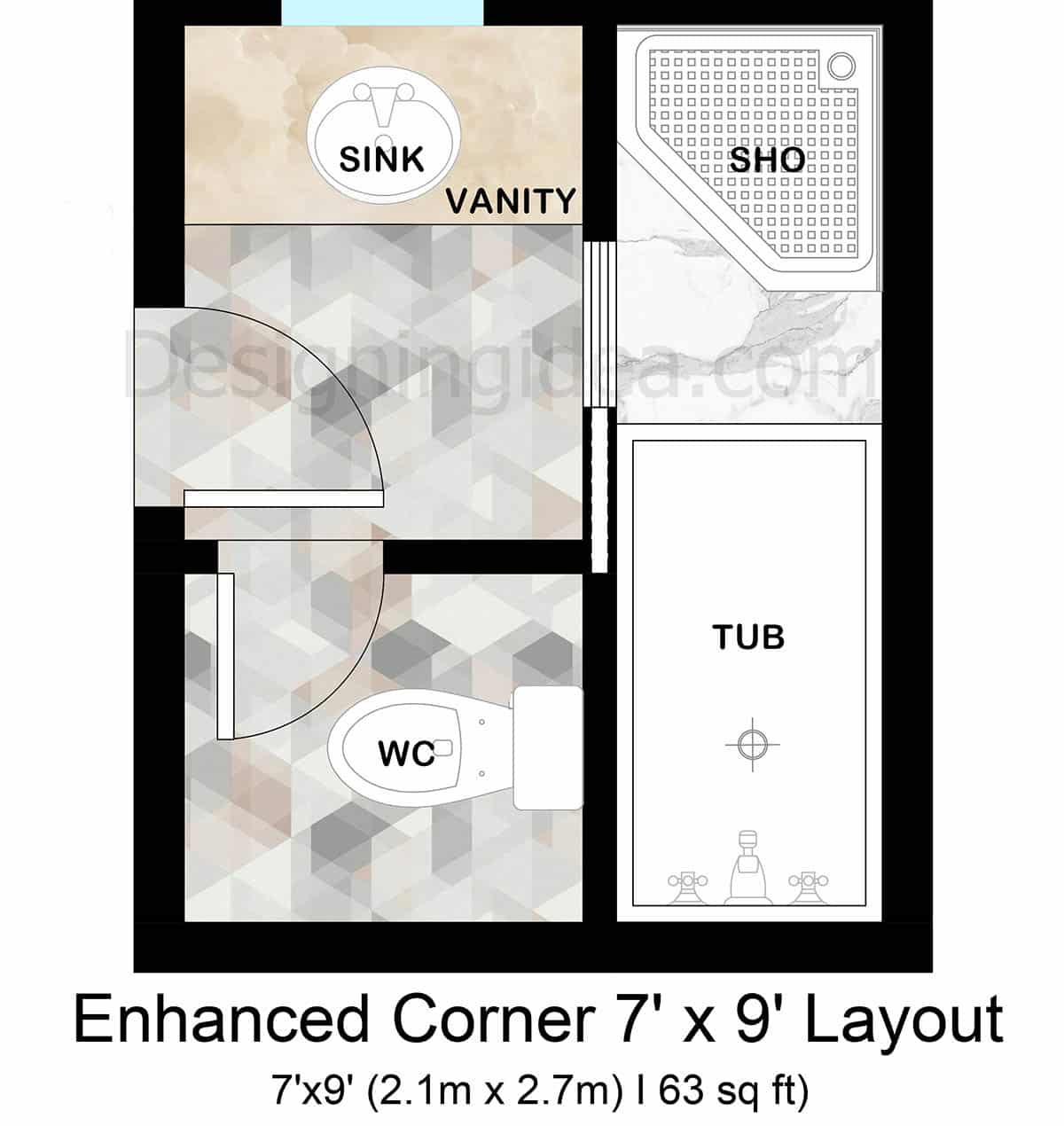 7x9 bathroom with corner shower layout