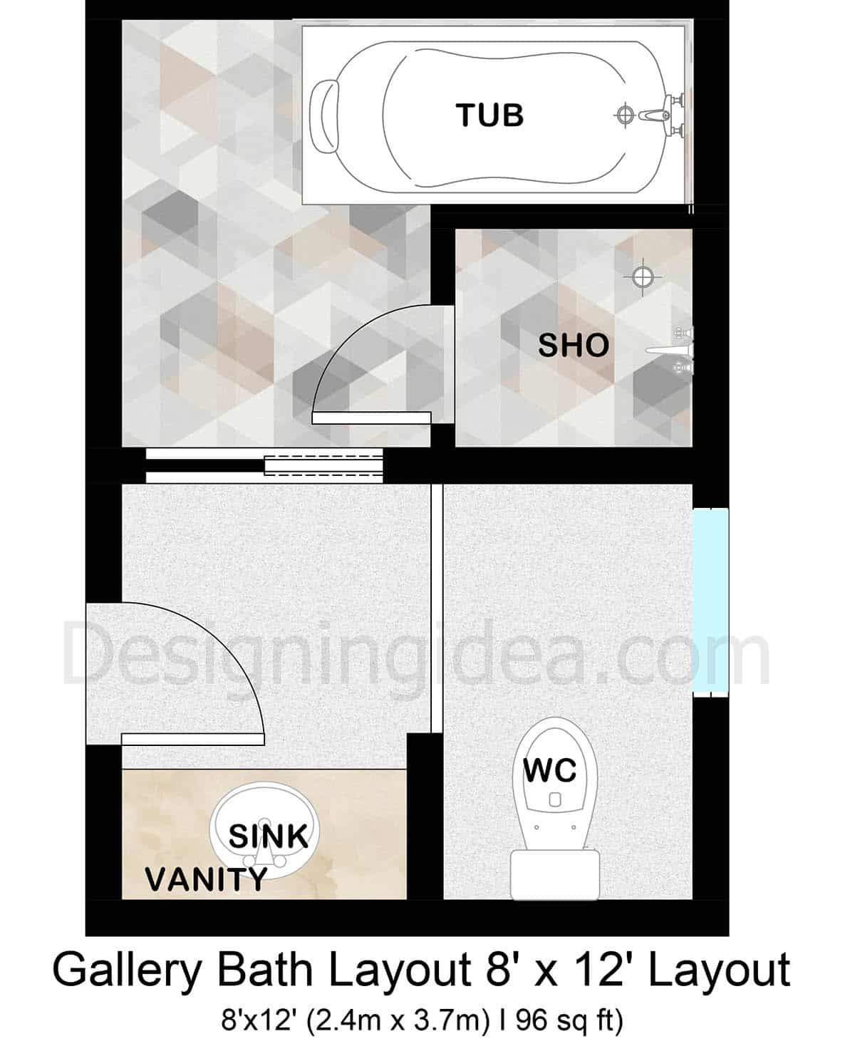 8x12 gallery bathroom with zoned layout