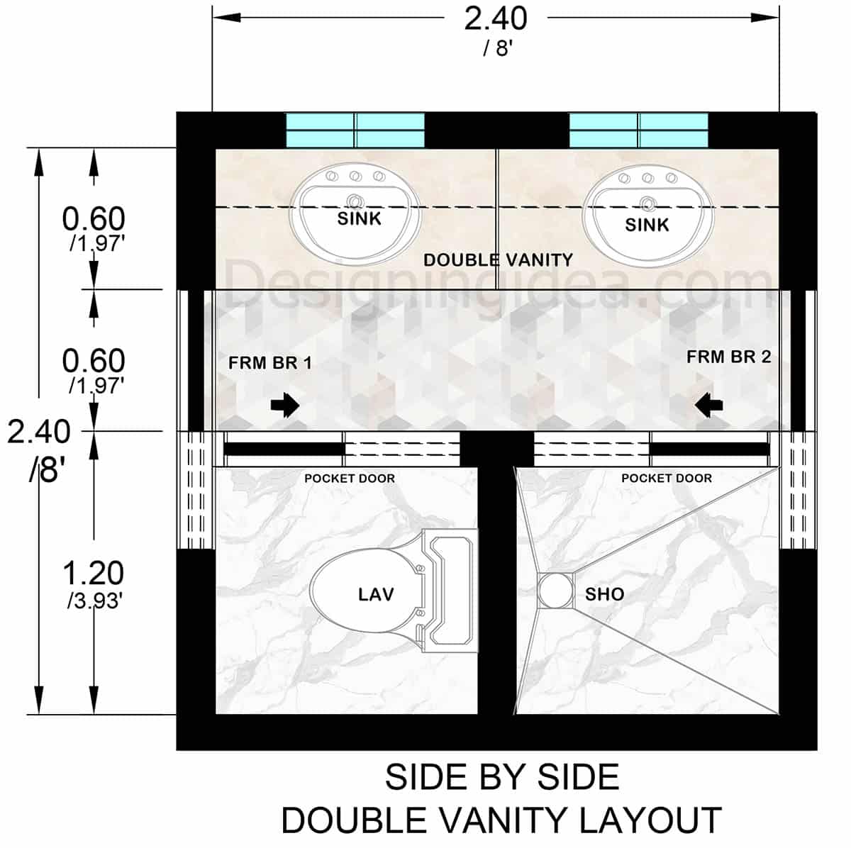 8x8 jack and jill bathroom with side by side double vanity layout