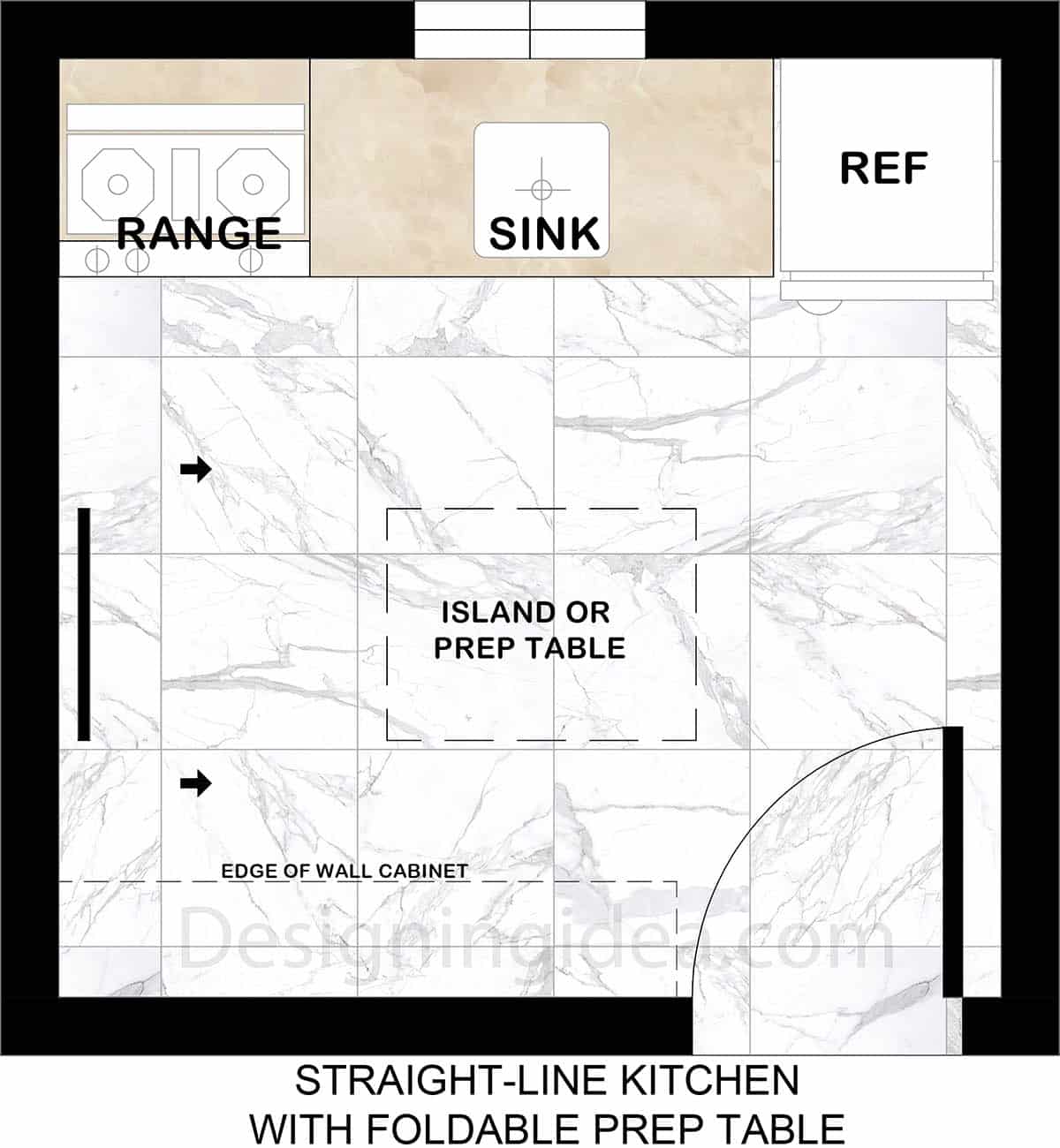 8x8 straight line kitchen with folding prep table