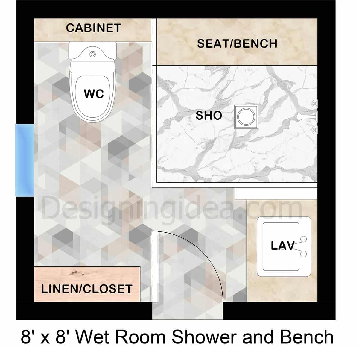 8x8 wet room layout with shower and bench