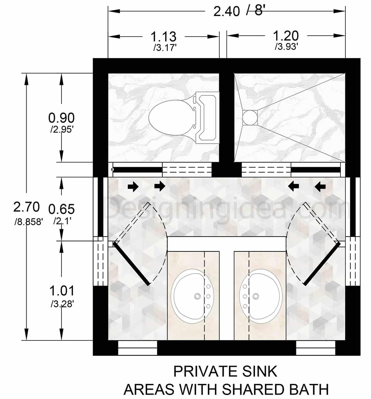 9x8 bathroom with private sinks and shared bathtub layout