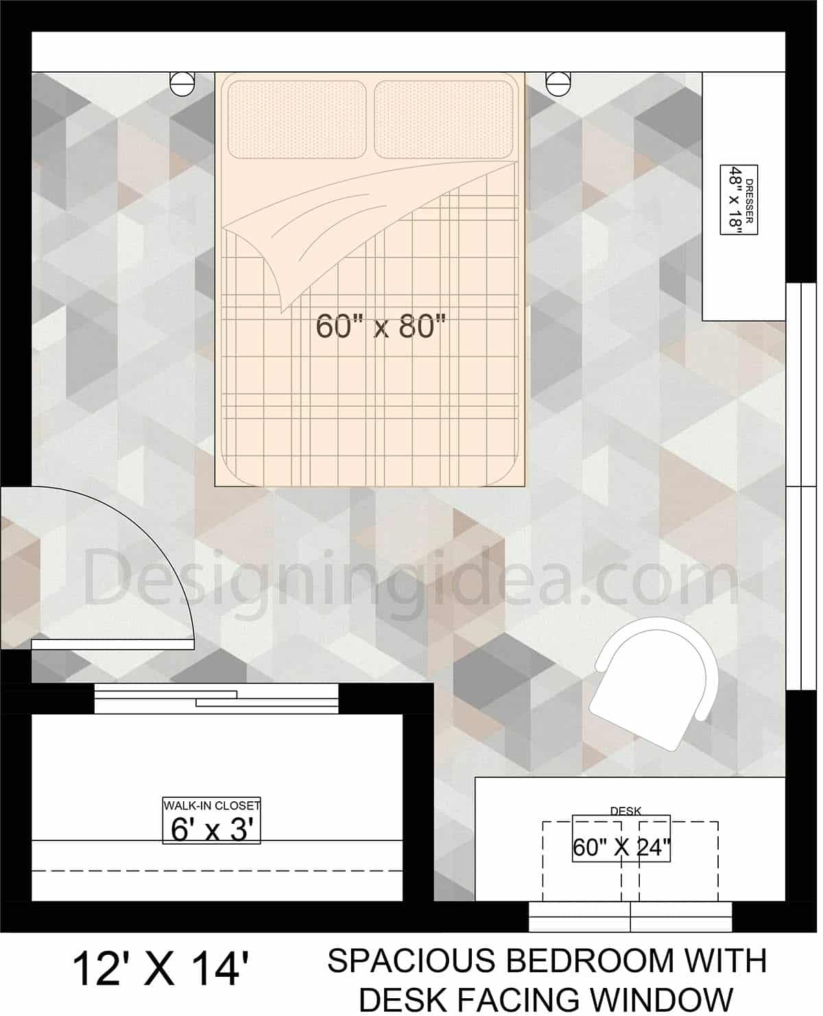 Spacious bedroom floor plan with desk facing the window