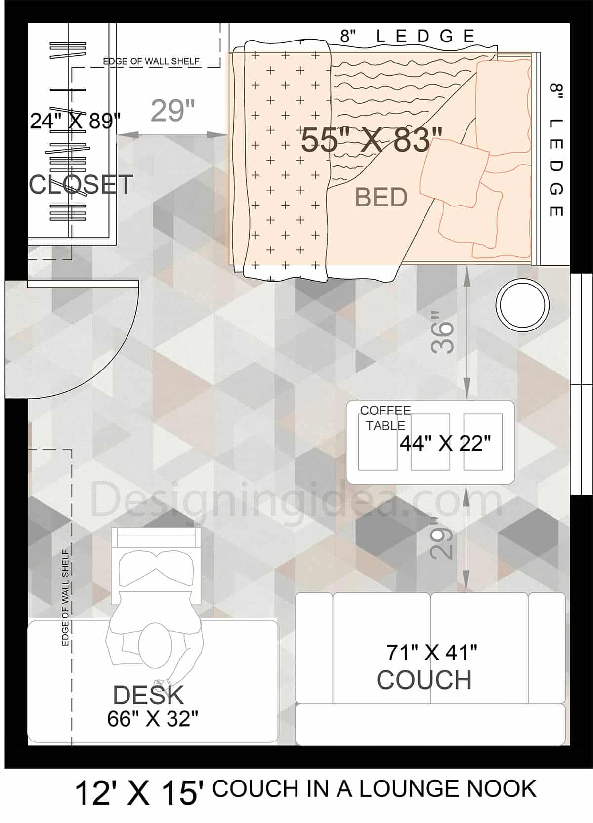 Bedroom with bed and couch with parallel layout