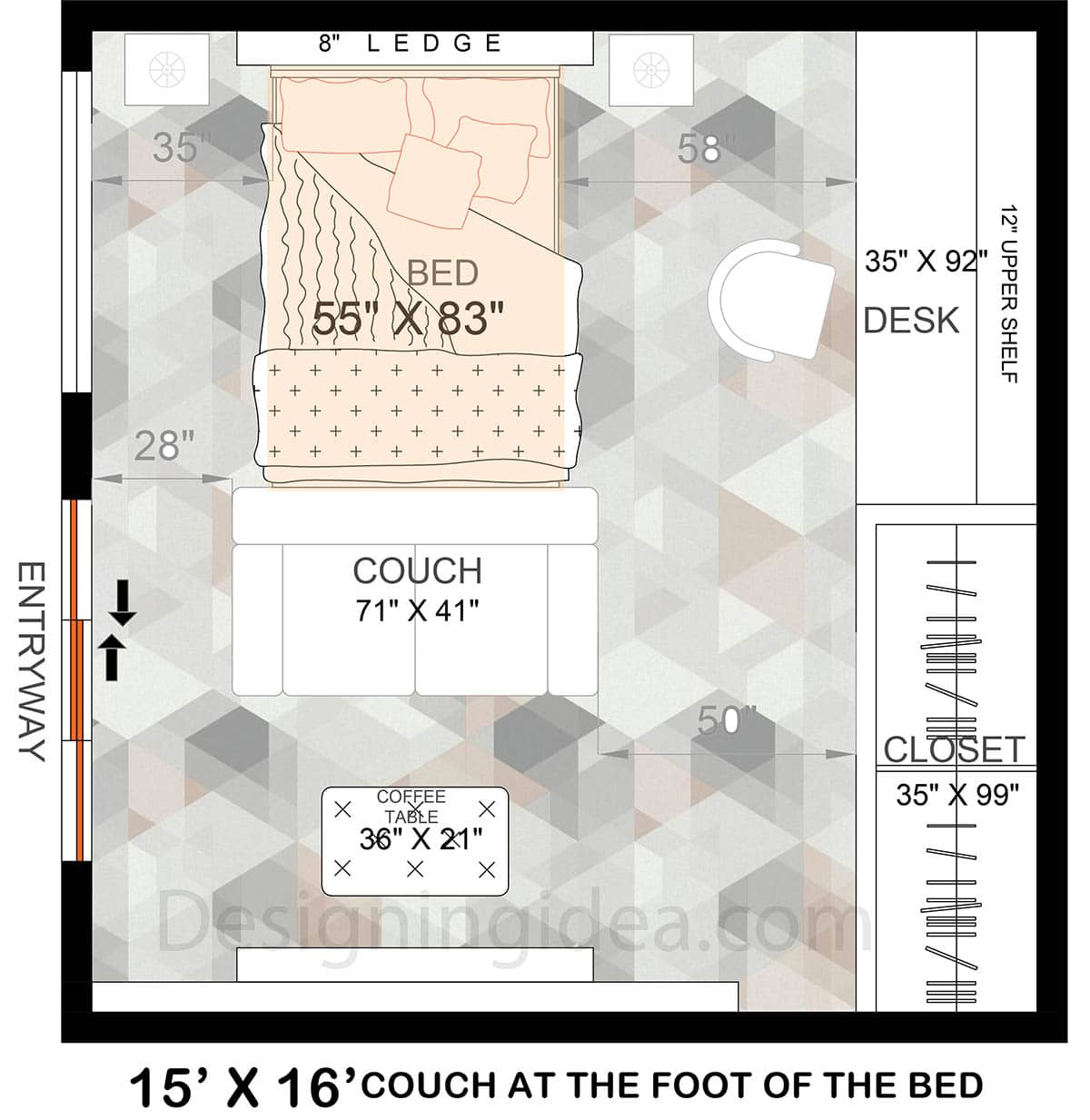 Bedroom with couch at foot of the bed design