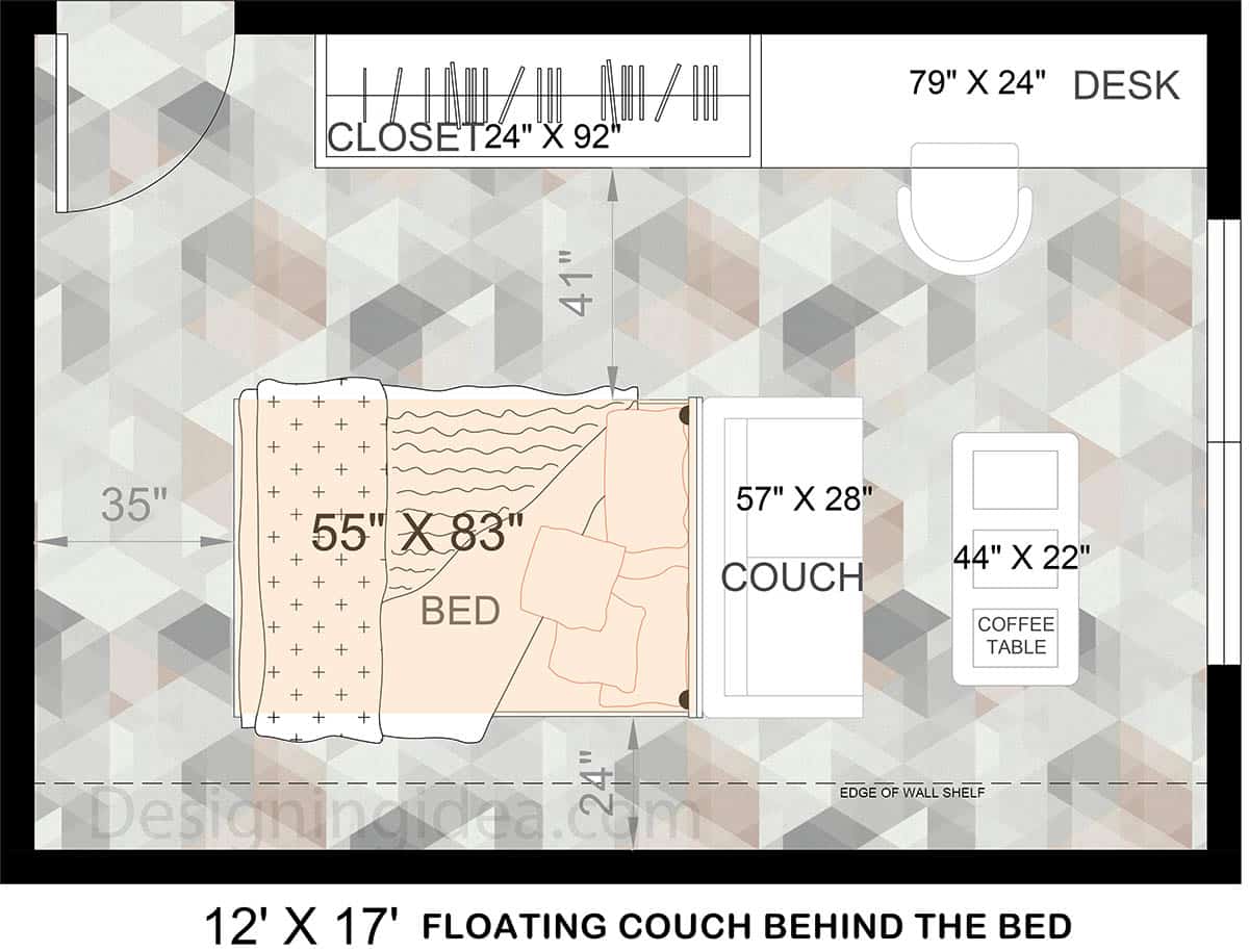 Floating couch behind the bed layout