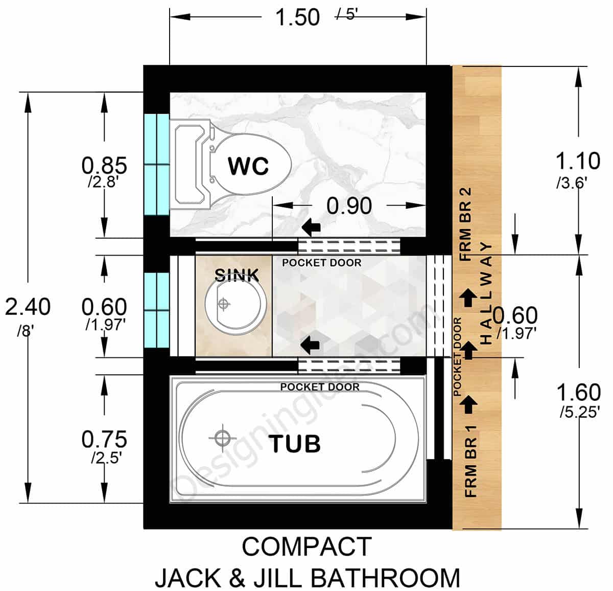 Compact 5x8 shared bathroom for siblings