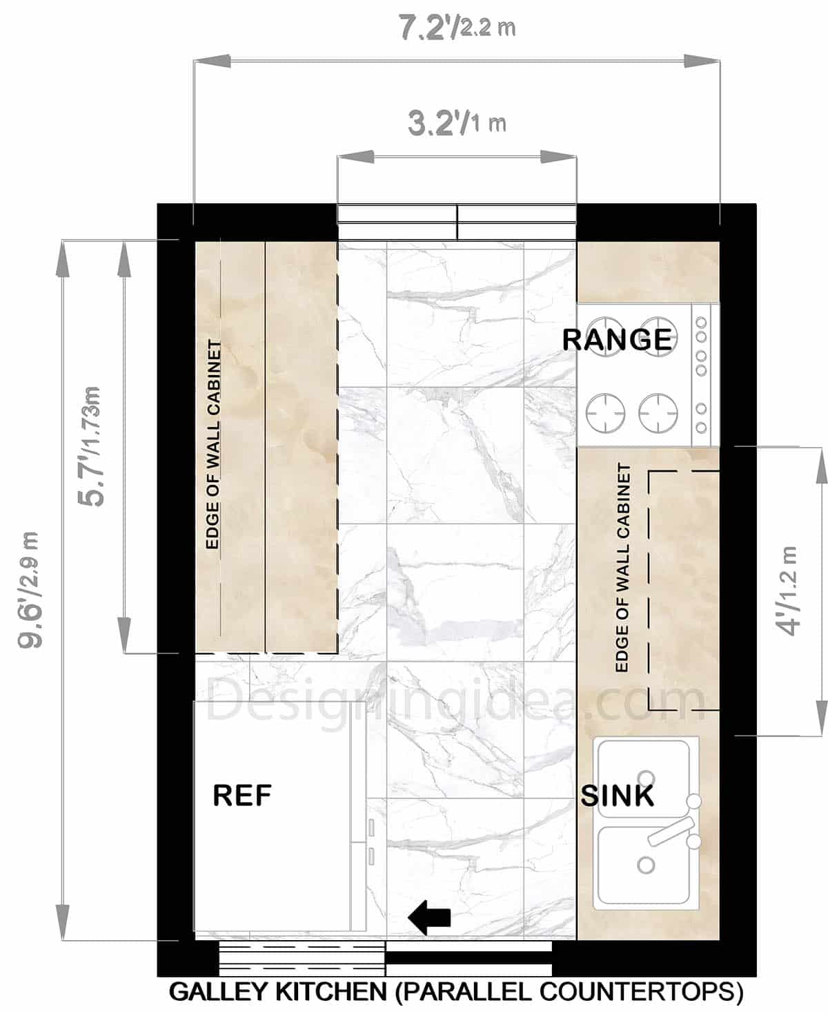 Galley kitchen floor plan with sink and stove on same wall