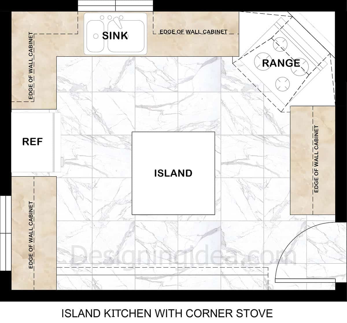 Island kitchen with corner installed stove