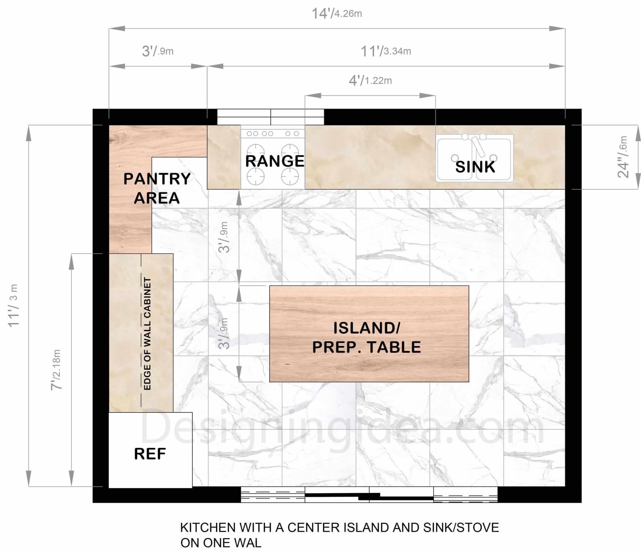 Kitchen with an island and stove and sink sharing one wall