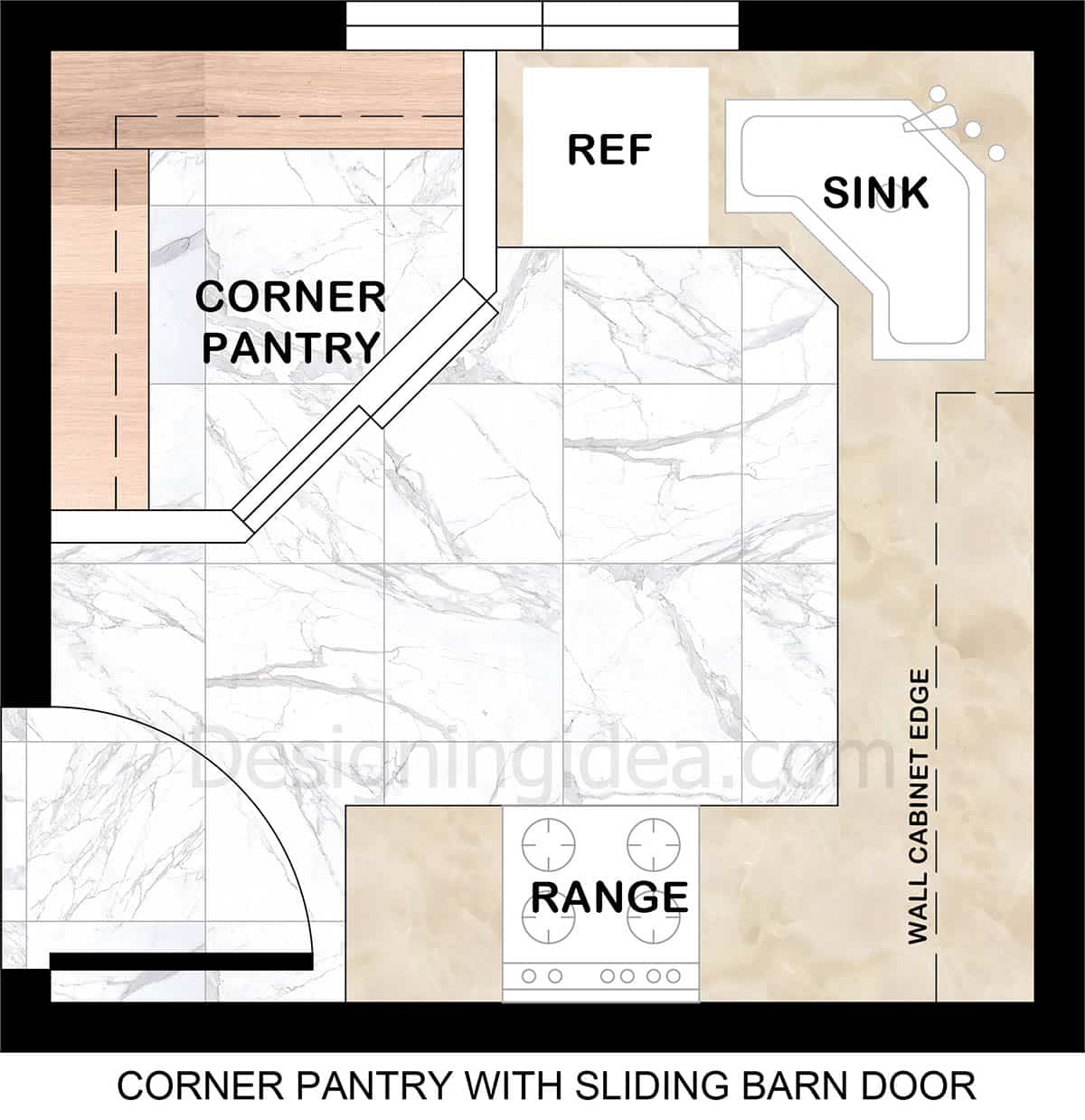 Kitchen Floor Plan with Pantry In The Corner And Sliding Barn Door