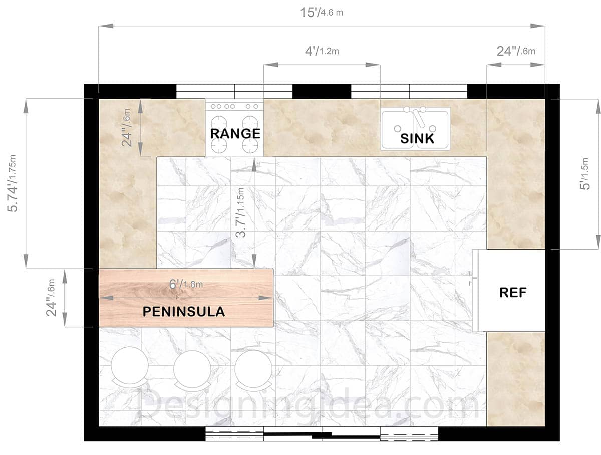 Kitchen design with peninsula and stove near sink