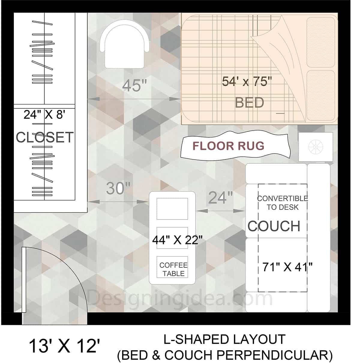 L-shaped bedroom furniture placement layout