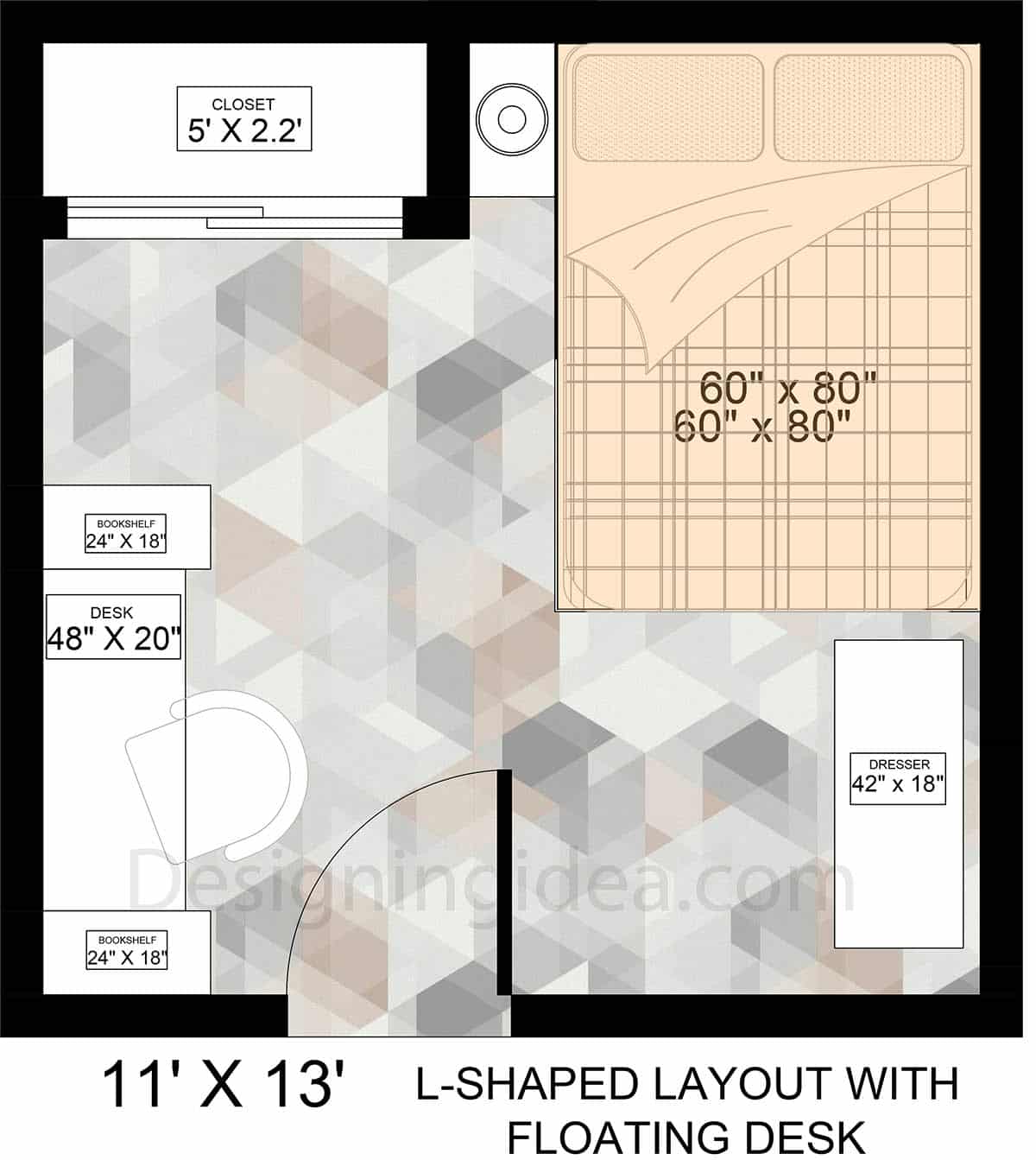 L-shaped bedroom floor plan with floating desk