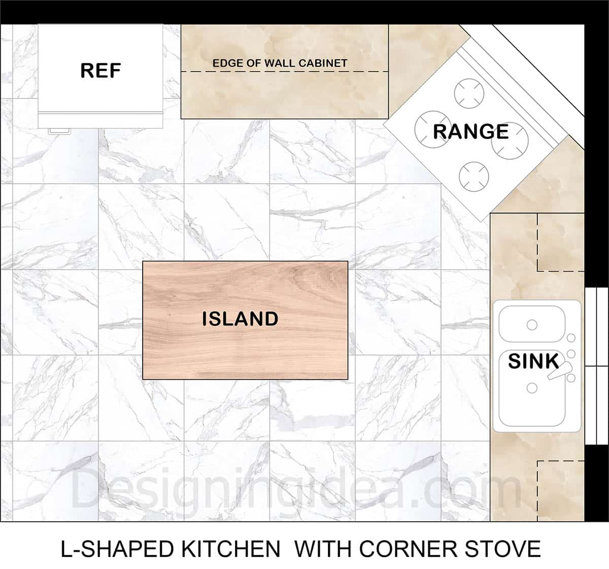 L-shaped kitchen layout with corner stove