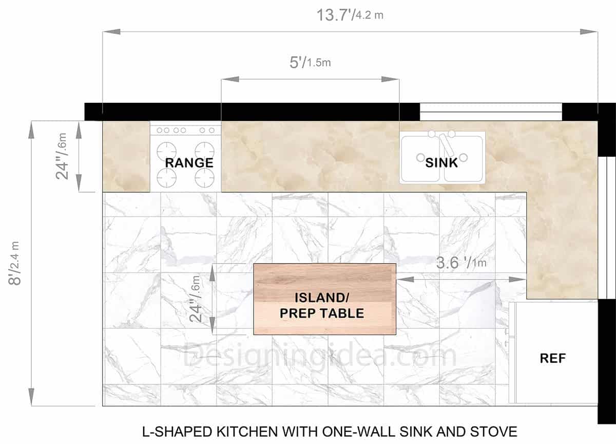 L-shaped kitchen floor plan with island and one-wall sink & stove