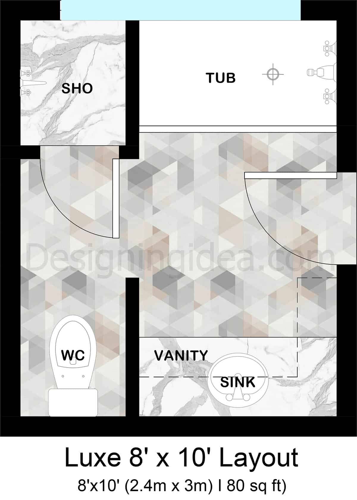 Luxe 8x10 bathroom floor plan with corner shower alcove tub