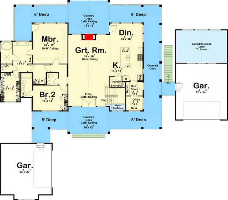 Craftsman 1st level home plan with two attached garages