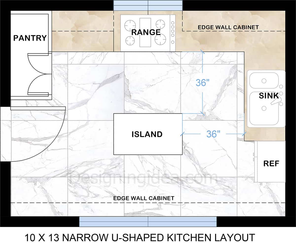 Narrow 10x13 U-shape Layout Kitchen With Island