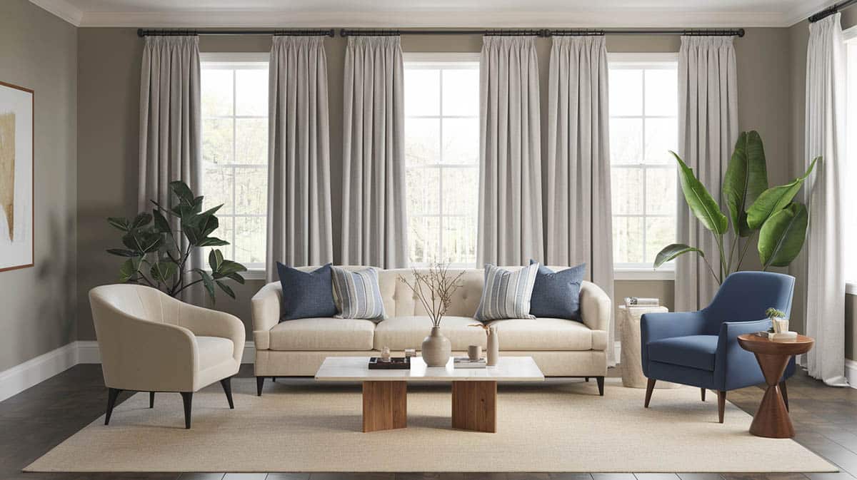 Sitting room with curtains and comfy upholstered chairs and sofa