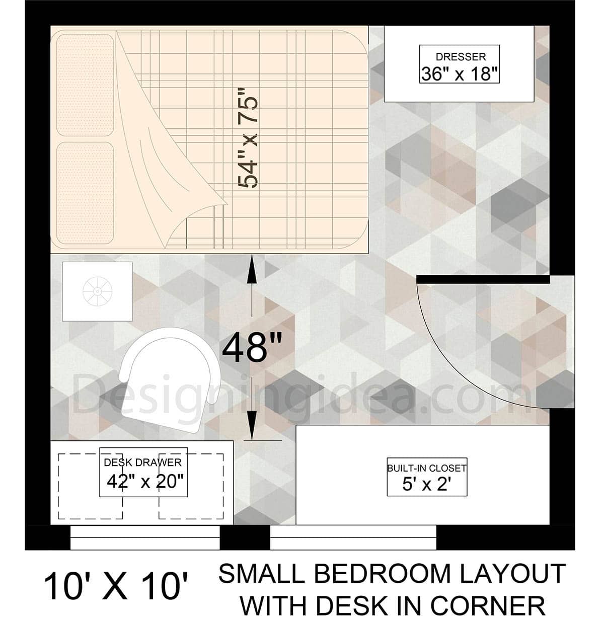 Small bedroom layout with desk in corner