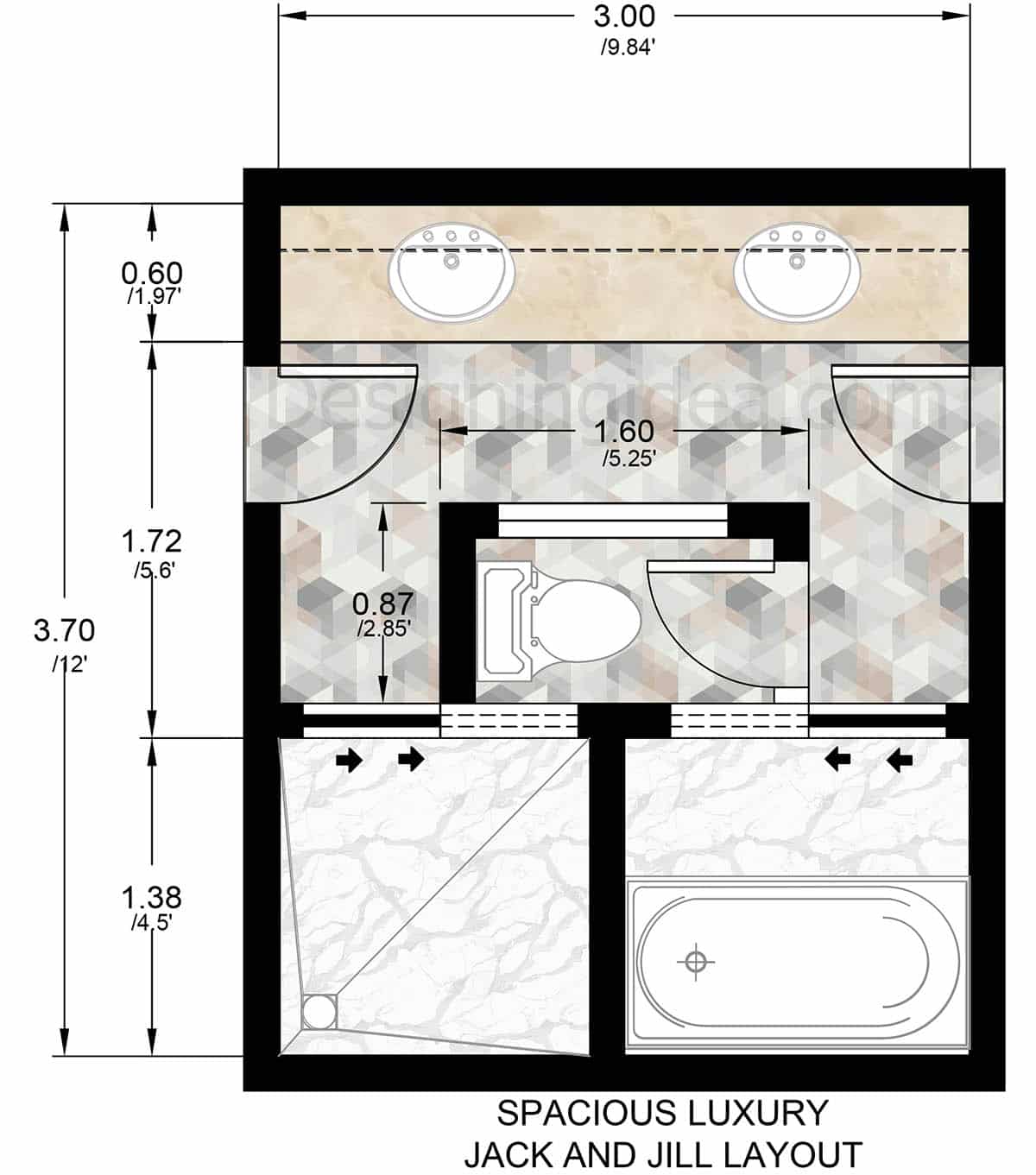 Spacious luxury10x12 bathroom for two layout