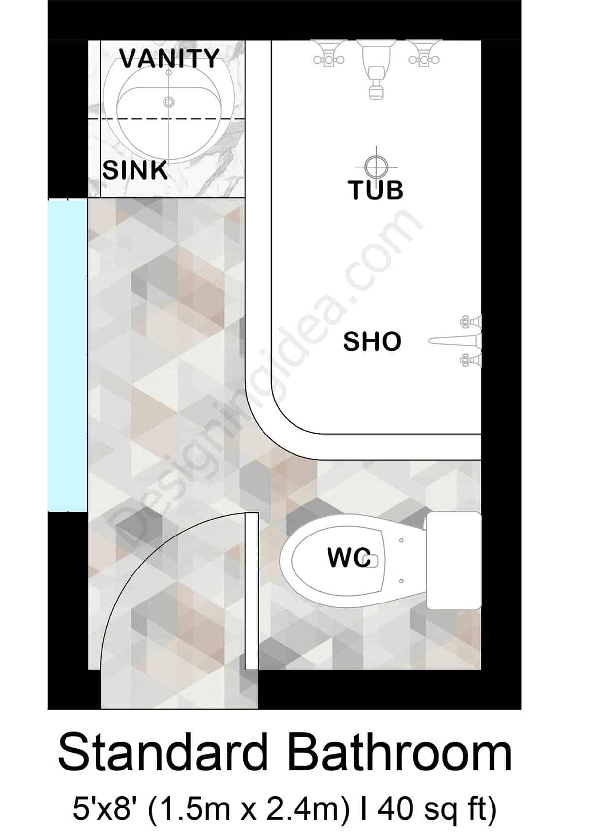 Standard 5x8 bathroom layout with shower and tub