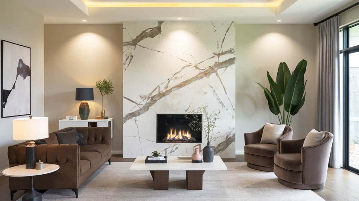 Stylish lounge room with bookmatched quartz fireplace and recessed lighting