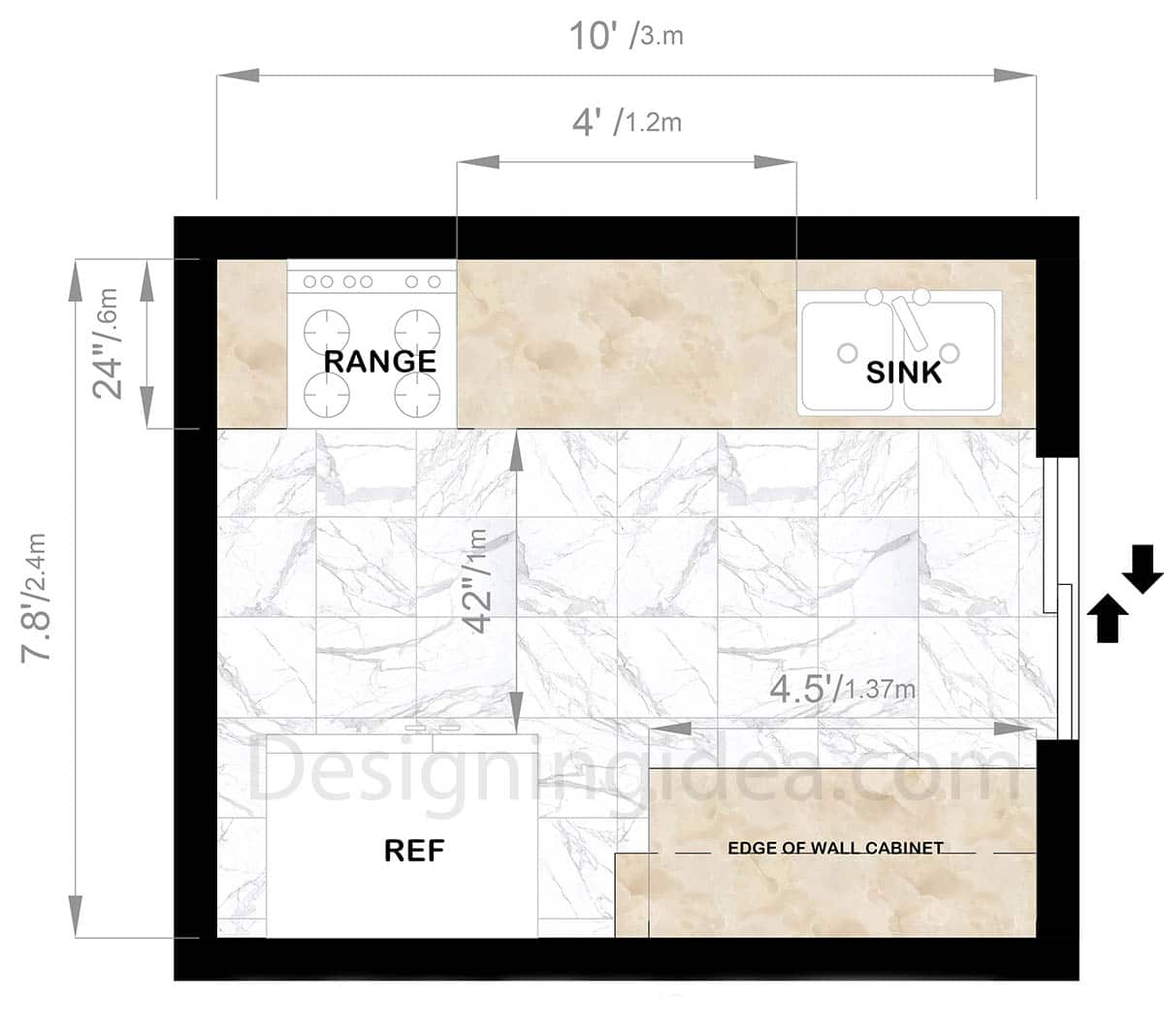 Wider aisle galley style kitchen 