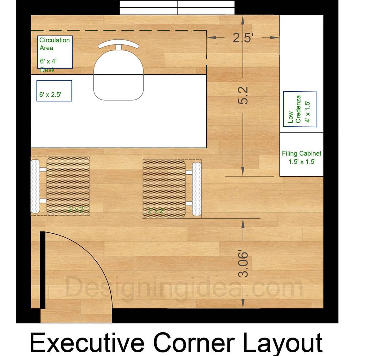 10x10 home office with executive corner desk layout