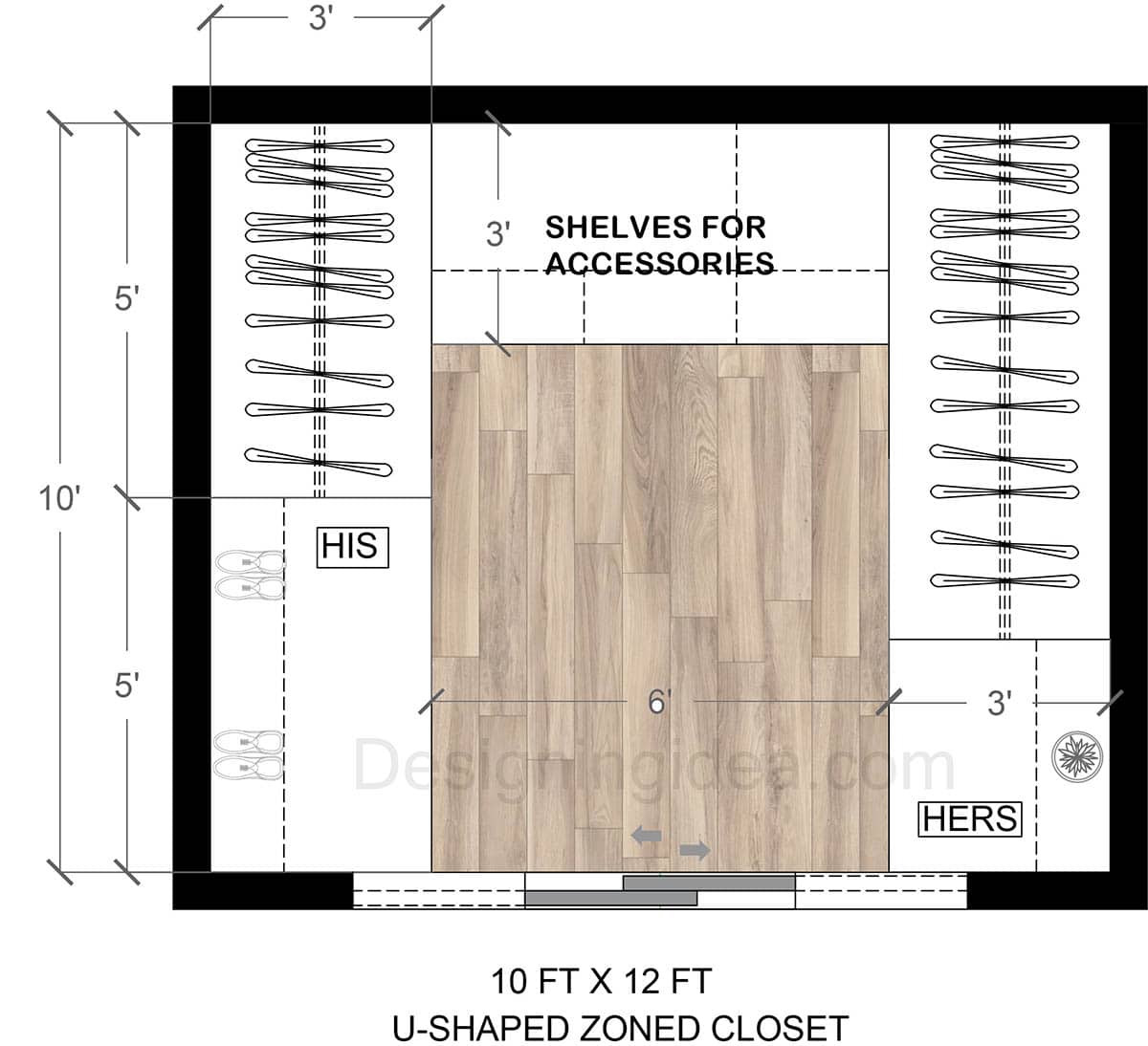 10x12 u-shape zoned closet floor plan