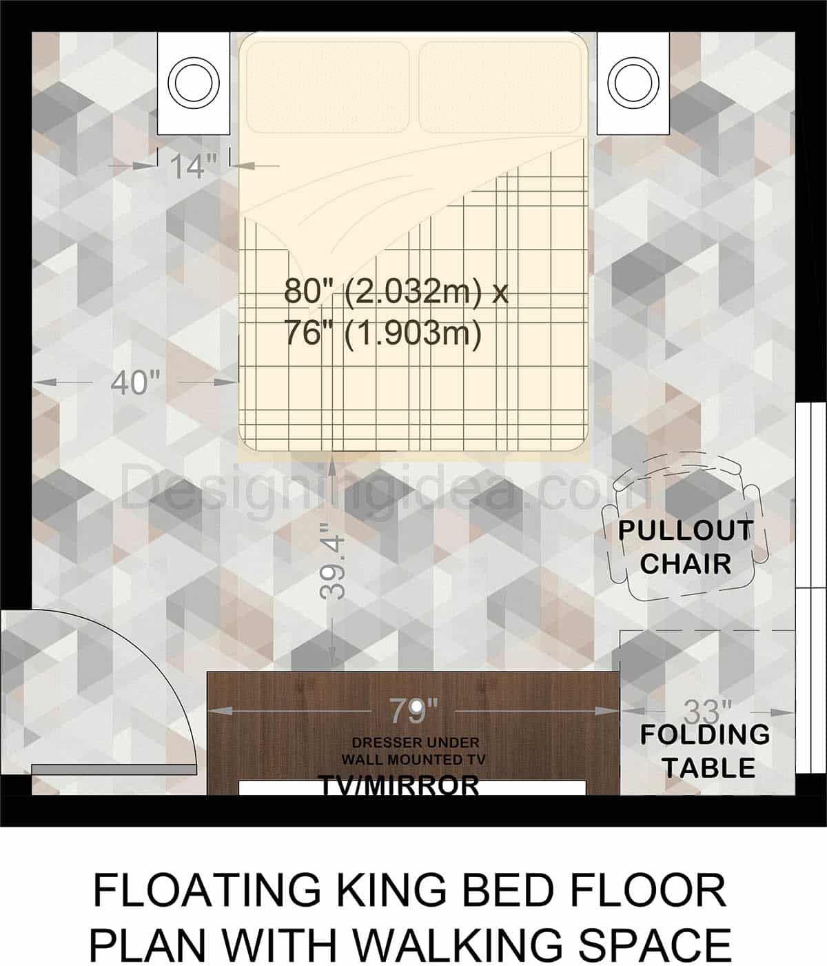 Floating king bed floor plan with walking space