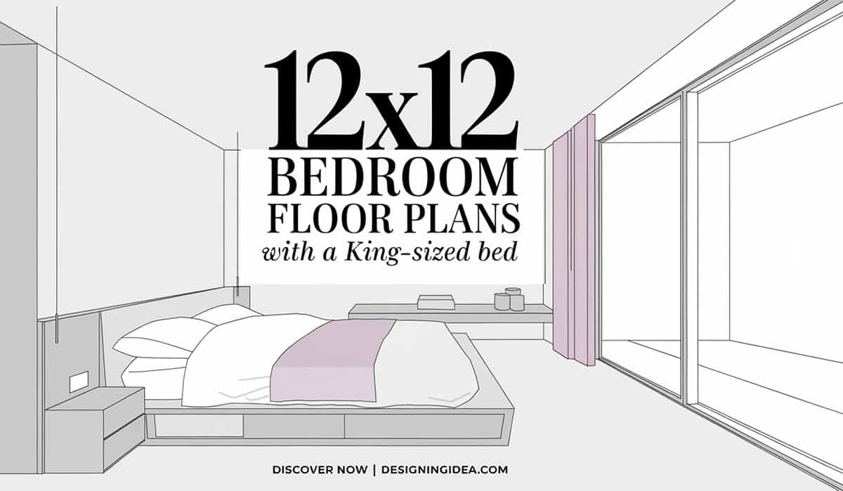 12x12 bedroom floor plan with a king-sized bed