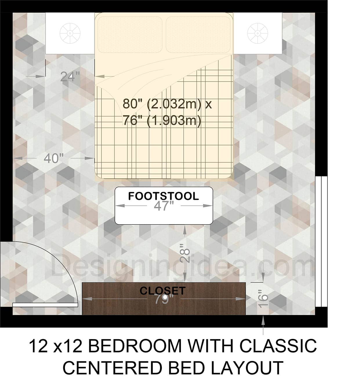 12x12 bedroom layout with centered bed