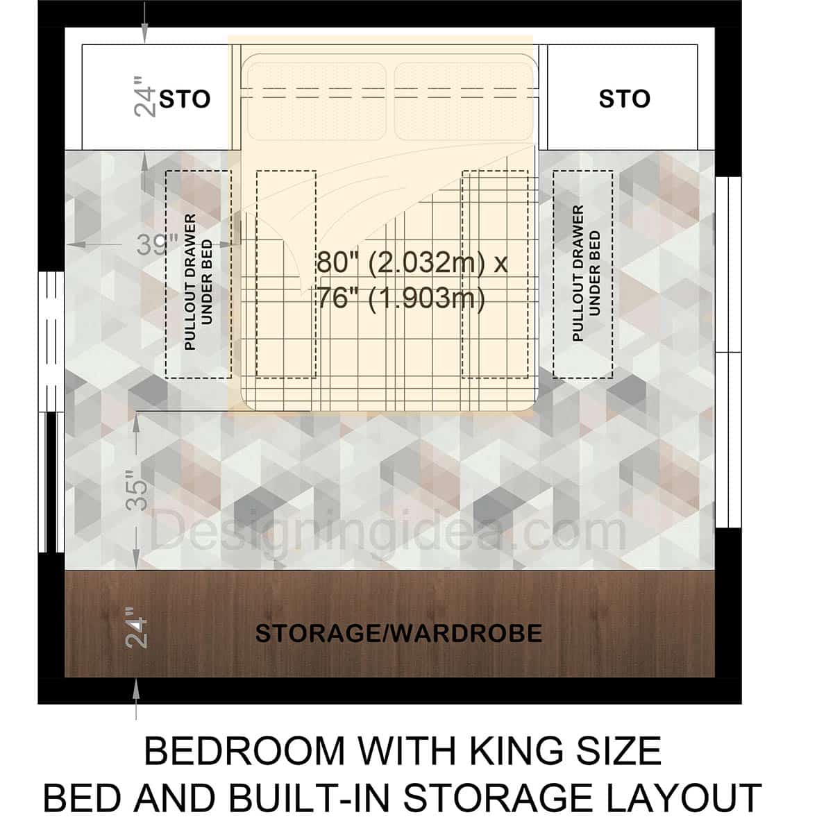 Bedroom with king size bed and built in storage layout