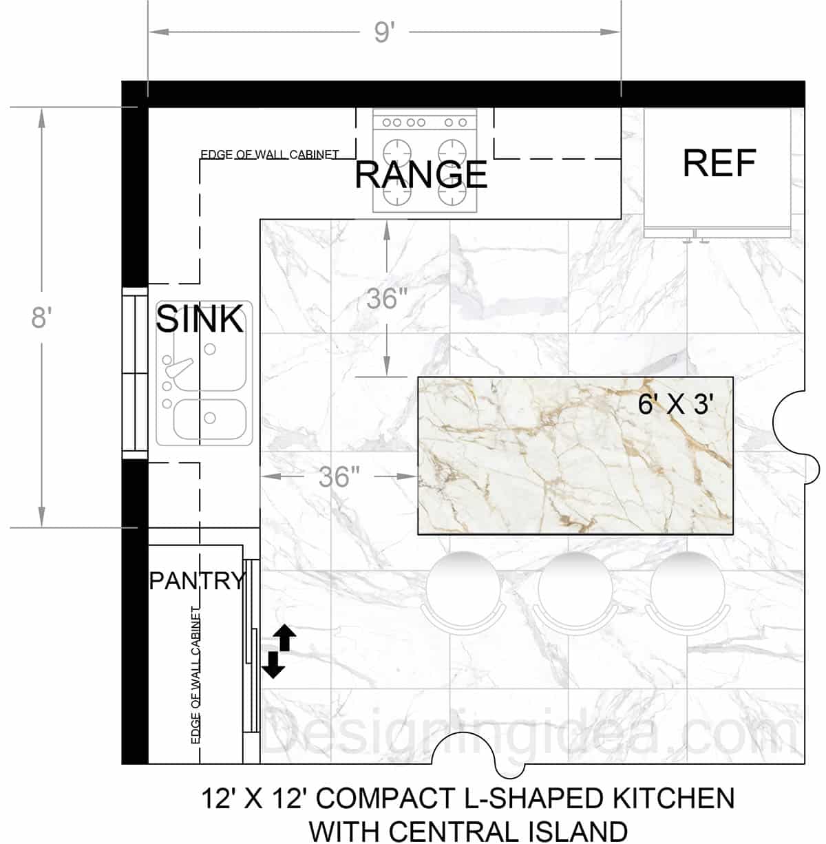 12x12 l-shaped compact kitchen with central island