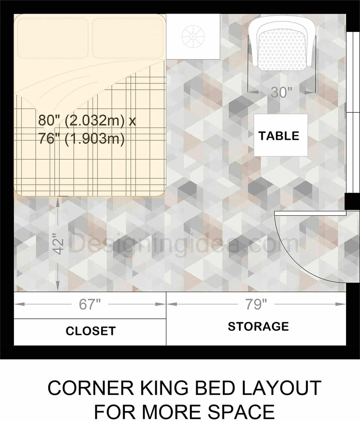 12x12 corner king bed layout for more space