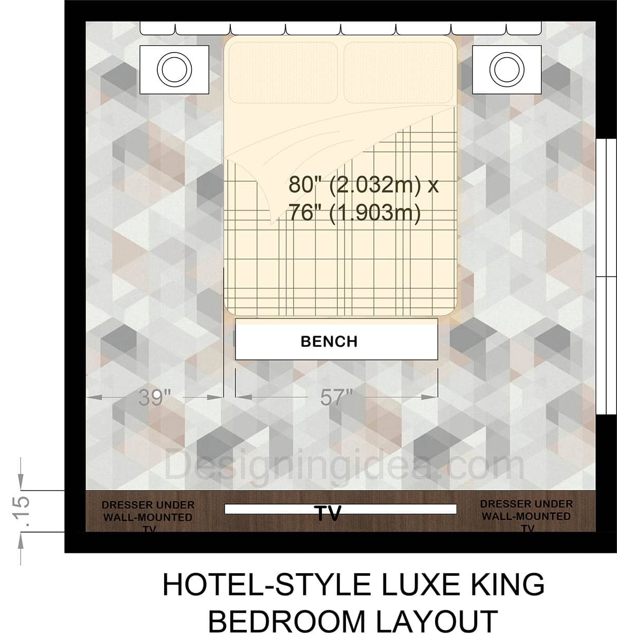 Hotel style luxe king bedroom layout