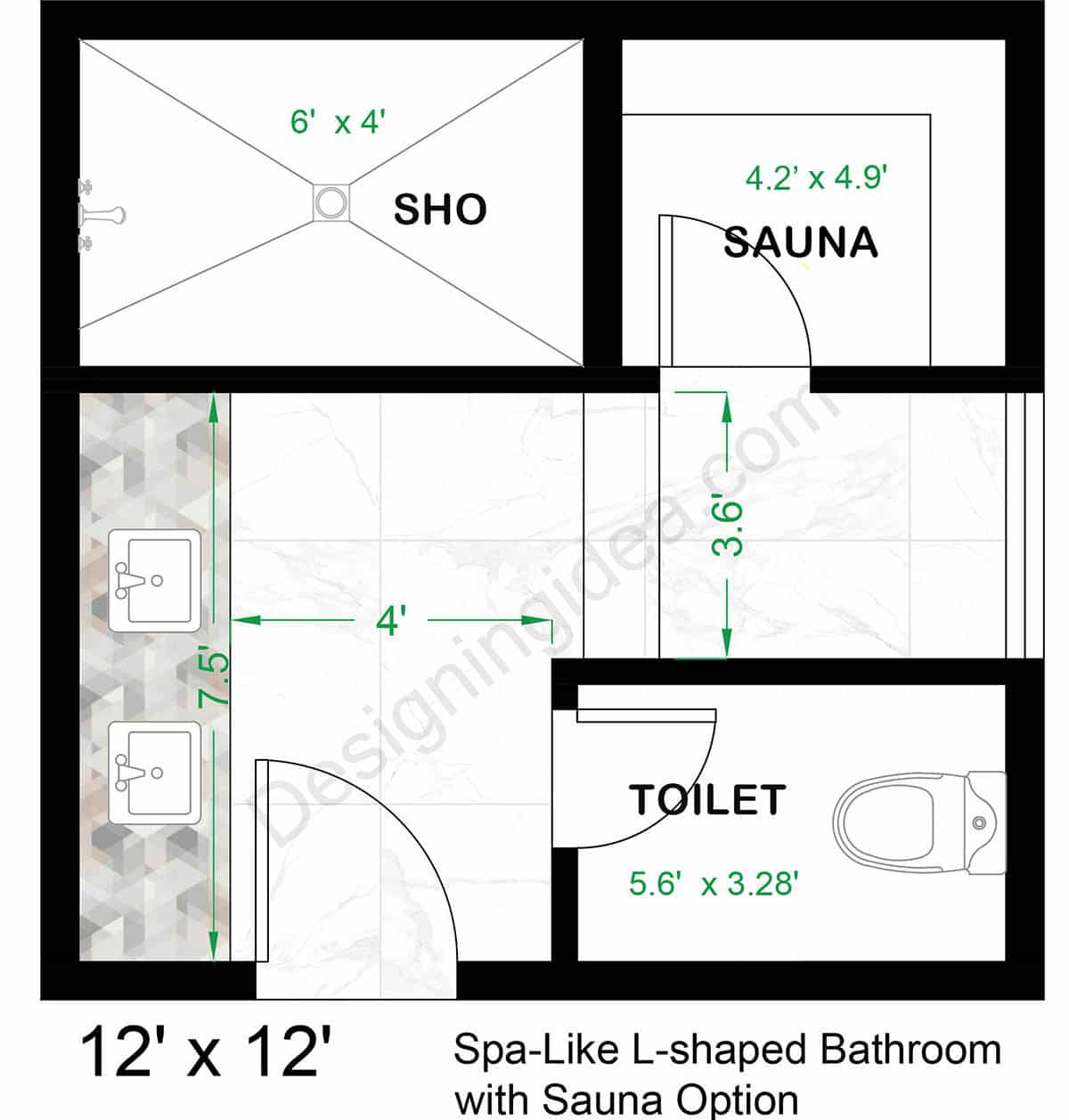 12x12 l-shaped spa-like bathroom with sauna option