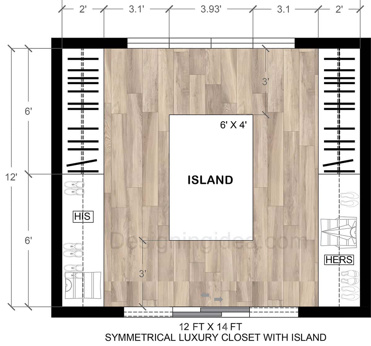 12x14 symmetrical luxury closet and island design