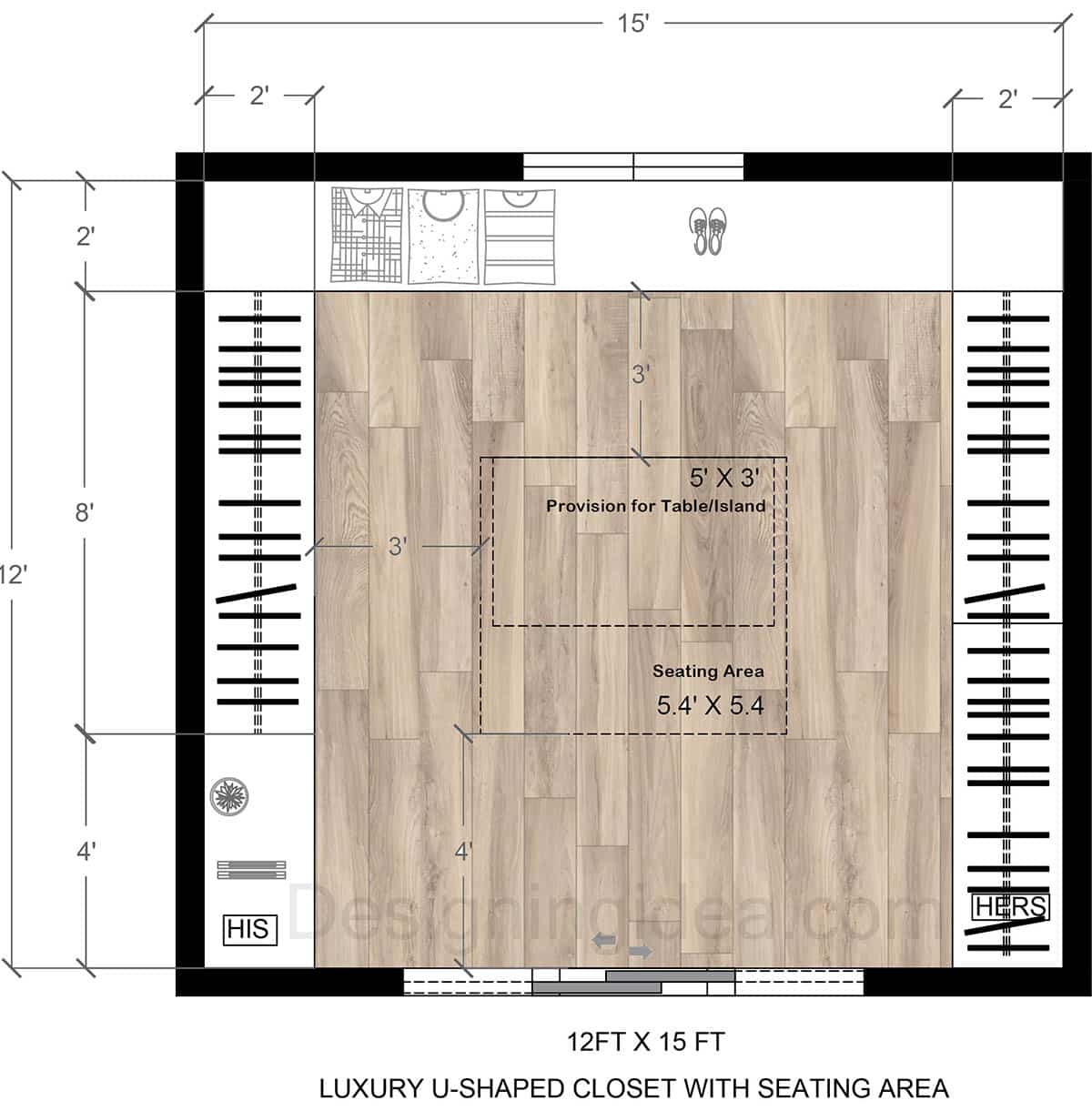 12x15 luxury u-shaped closet with seating area