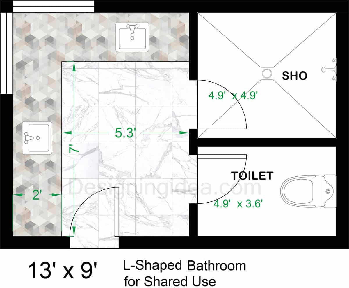 13x9 l-shaped shared use bathroom design