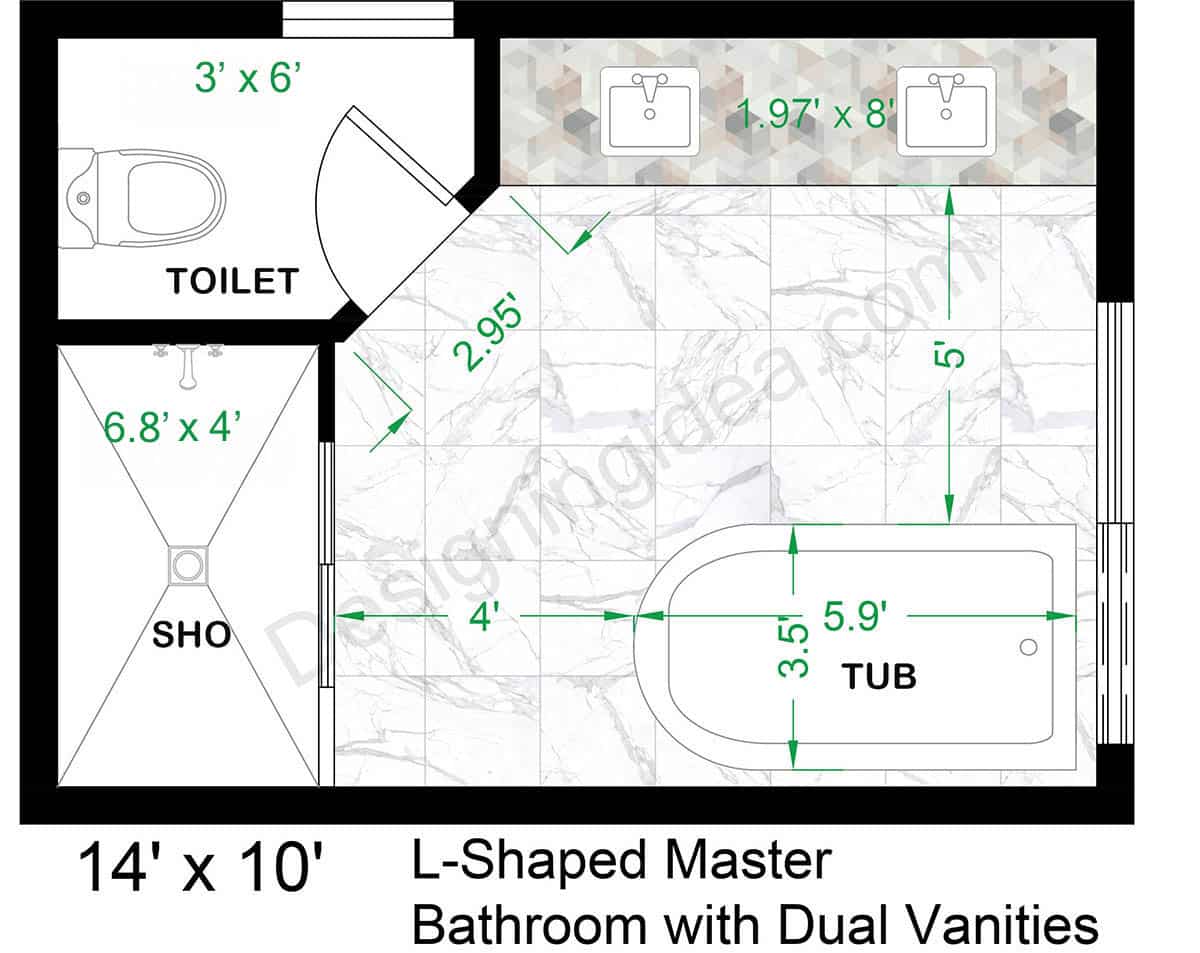 14x10 l-shaped master bathroom with dual vanity layout