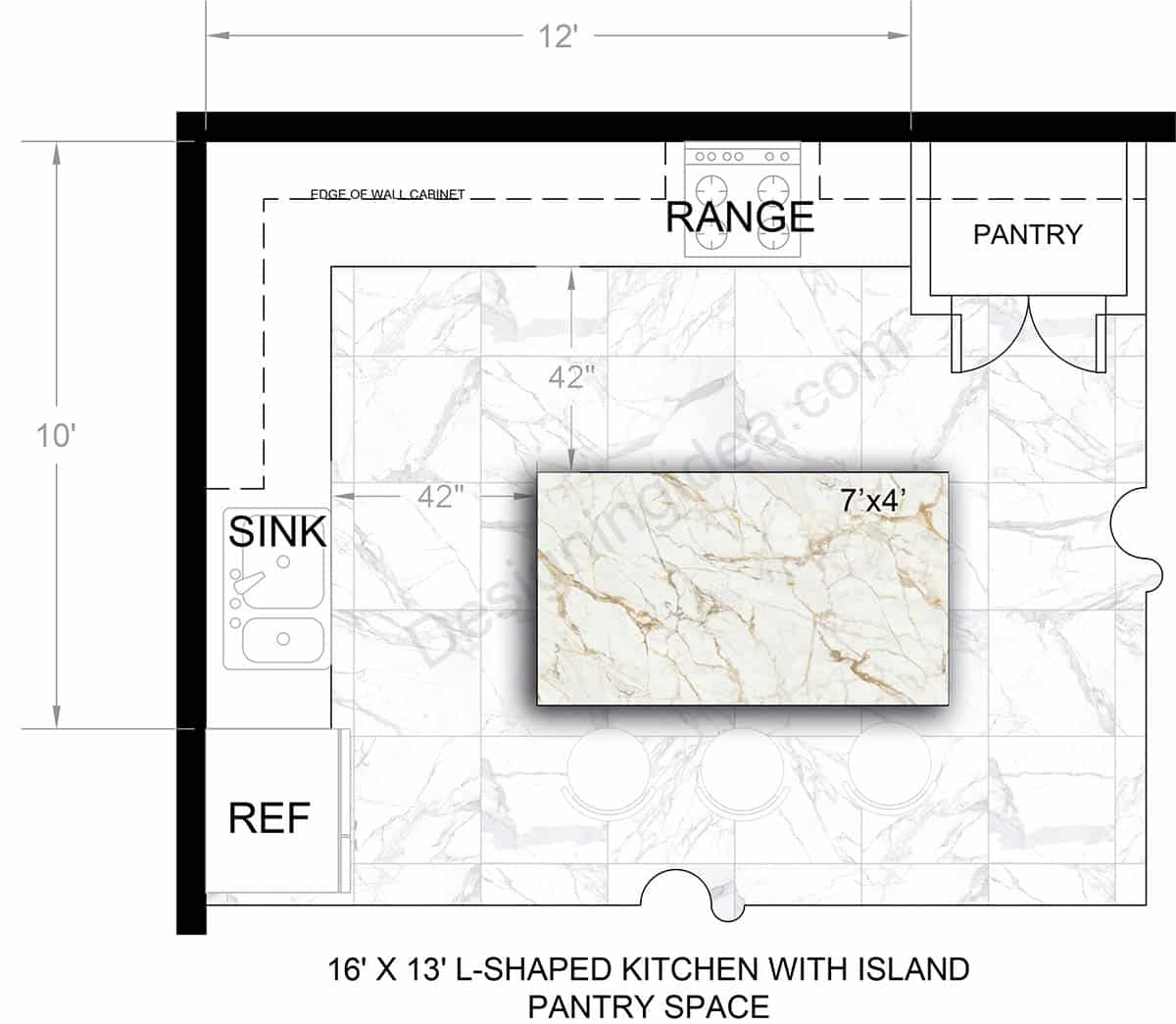 16x13 kitchen layout with island and pantry