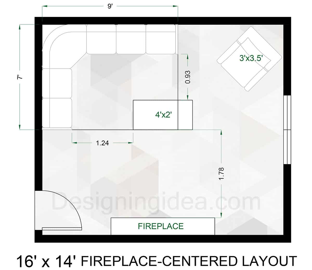 16x14 fireplace centered sectional layout