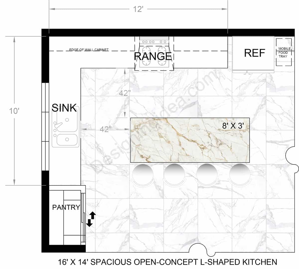 16x14 open concept l-shaped kitchen layout with island