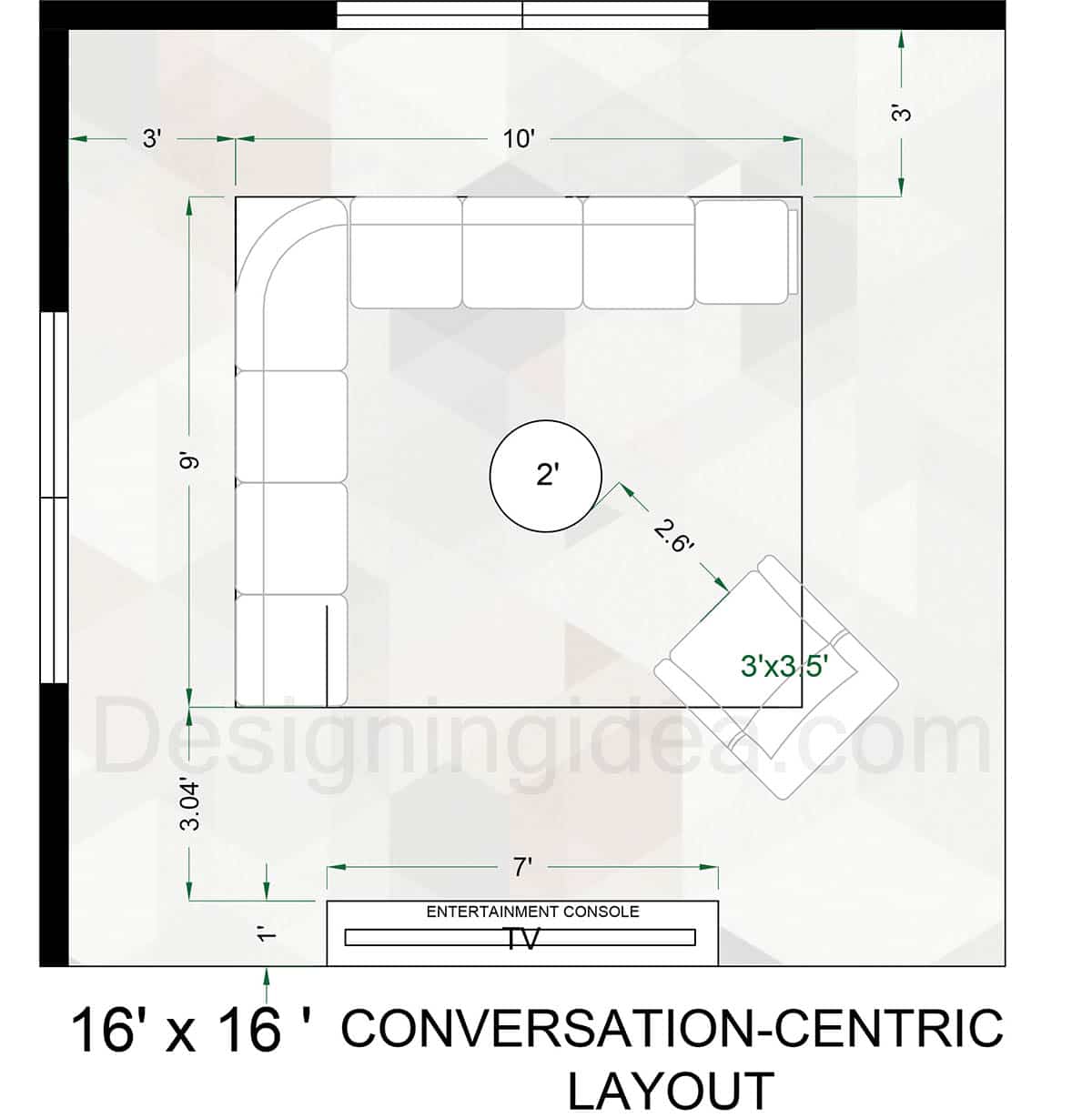 16x16 conversation focused living area seating layout