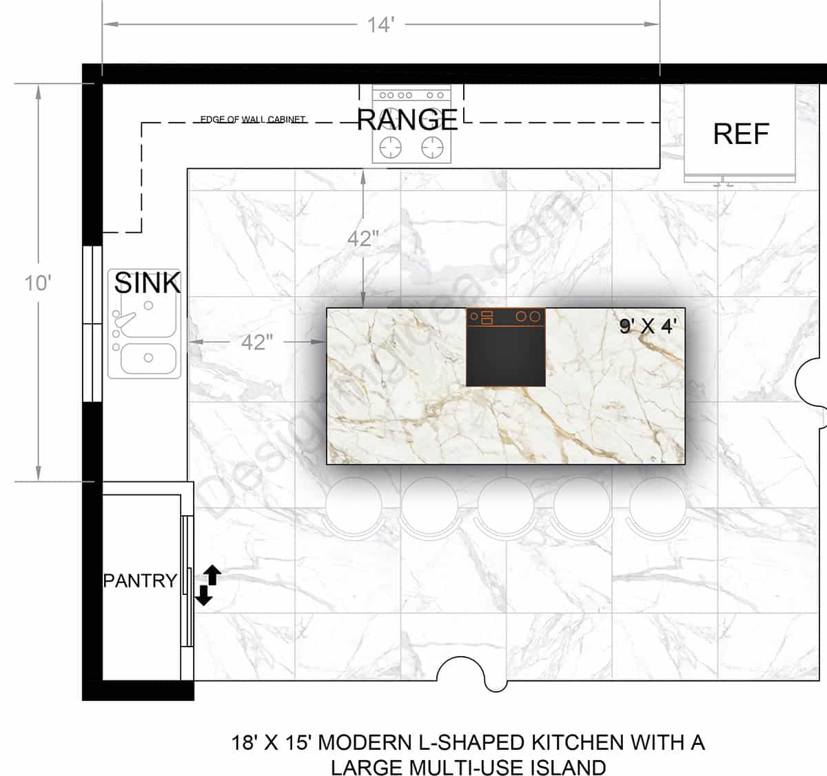 18x15 modern l-shape kitchen with large multi use island