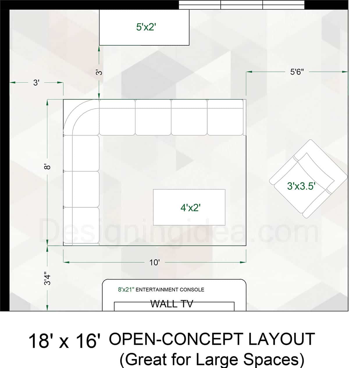 18x16 open concept living room layout with sectional and recliner