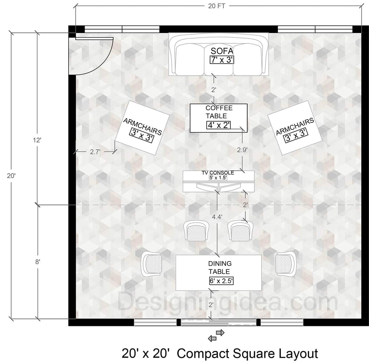 20x20 compact square dining and living room design